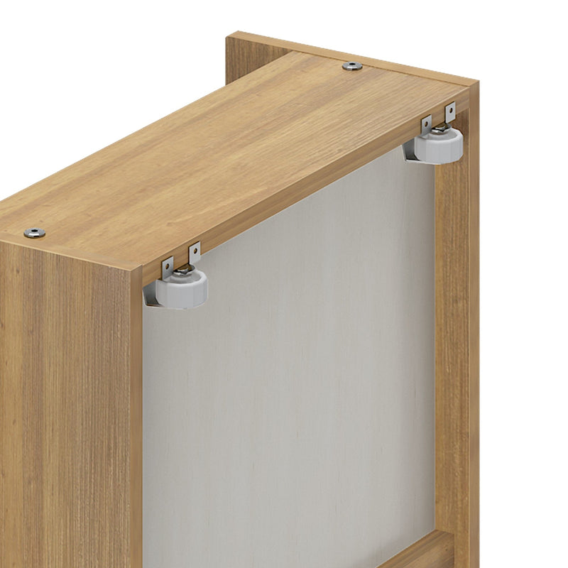 Close-up of oak-finish cabinet top showing sliding door roller, metal brackets and furniture hardware detail