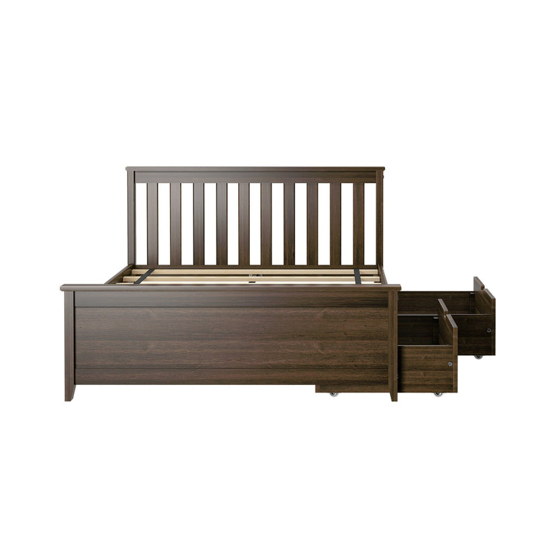 Dark brown wood platform bed with vertical slatted headboard and pull-out under-bed storage drawers on casters
