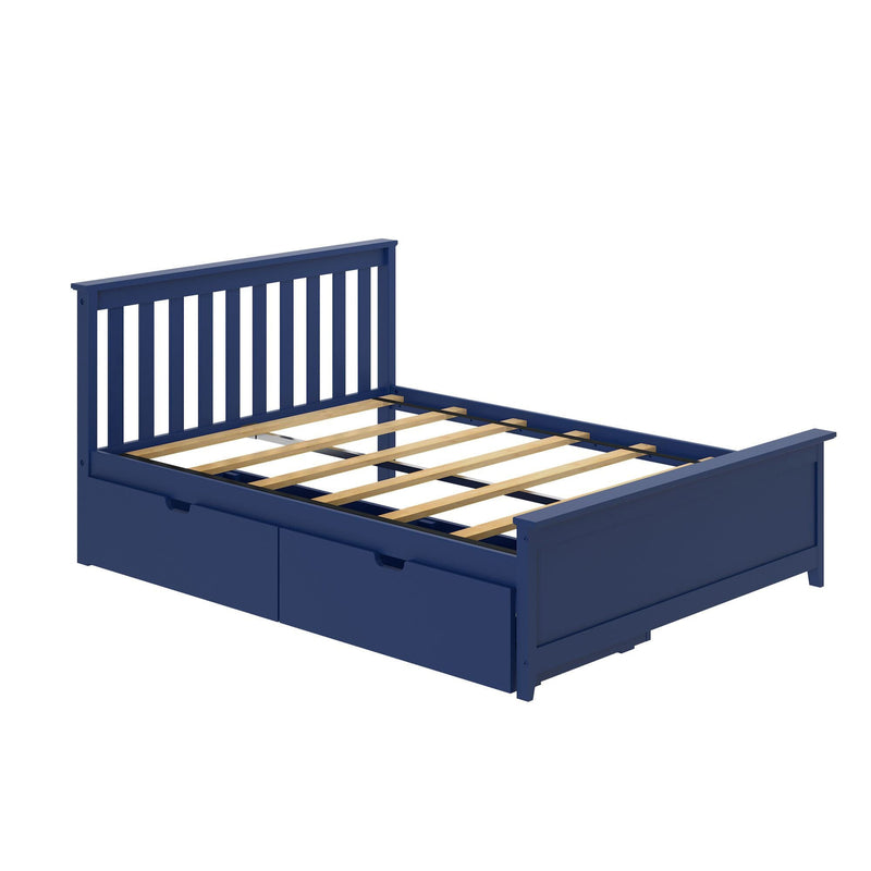 Navy blue wooden platform bed frame with slatted headboard, exposed wooden mattress slats and built-in under-bed storage drawers