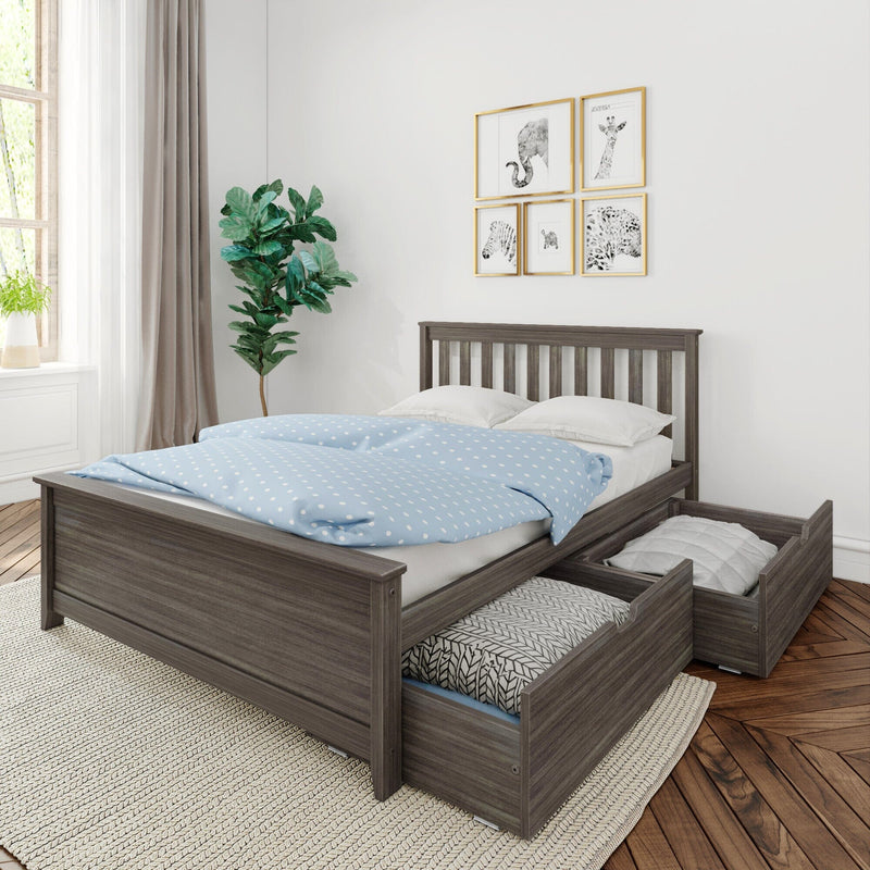 Gray wooden platform bed with built-in under-bed drawers, light blue polka-dot bedding, animal print wall art and potted plant in a bright modern bedroom