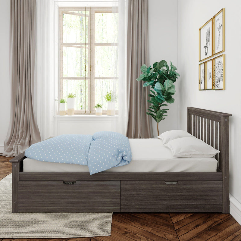 Modern nursery bedroom with dark wooden bed frame, blue polka-dot duvet, large window with sheer curtains, indoor potted plants and framed animal-print gallery wall