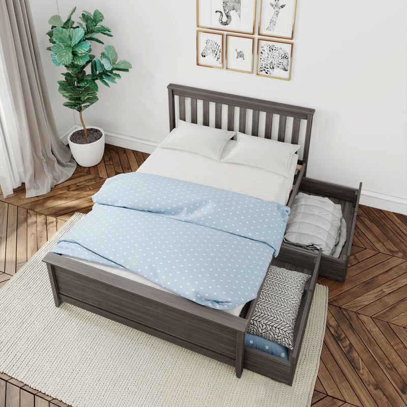 Modern gray wooden storage bed with open under-bed drawers, light blue polka-dot duvet and white pillows in a minimalist bedroom with potted fiddle-leaf fig, framed animal prints, beige curtains and parquet wood floor