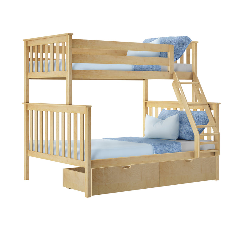 Light natural wood twin-over-twin bunk bed with ladder, blue bedding and built-in under-bed storage drawers for kids' bedroom