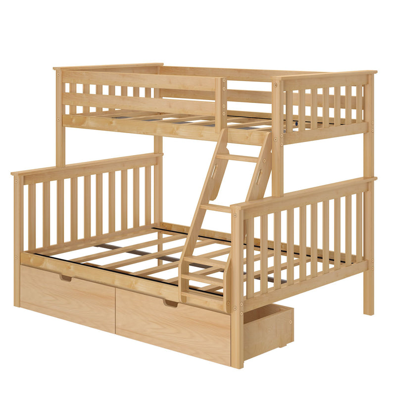 Natural wood loft-style bunk bed with ladder, slatted guardrails and built-in underbed storage drawers