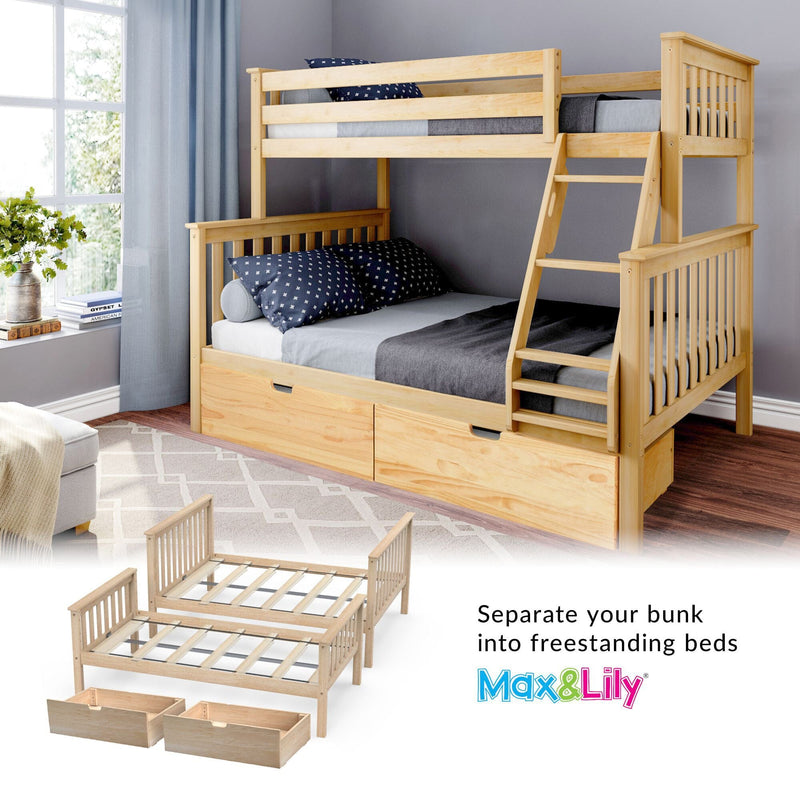 Natural pine convertible bunk bed with ladder and under-bed storage drawers in modern kids' bedroom