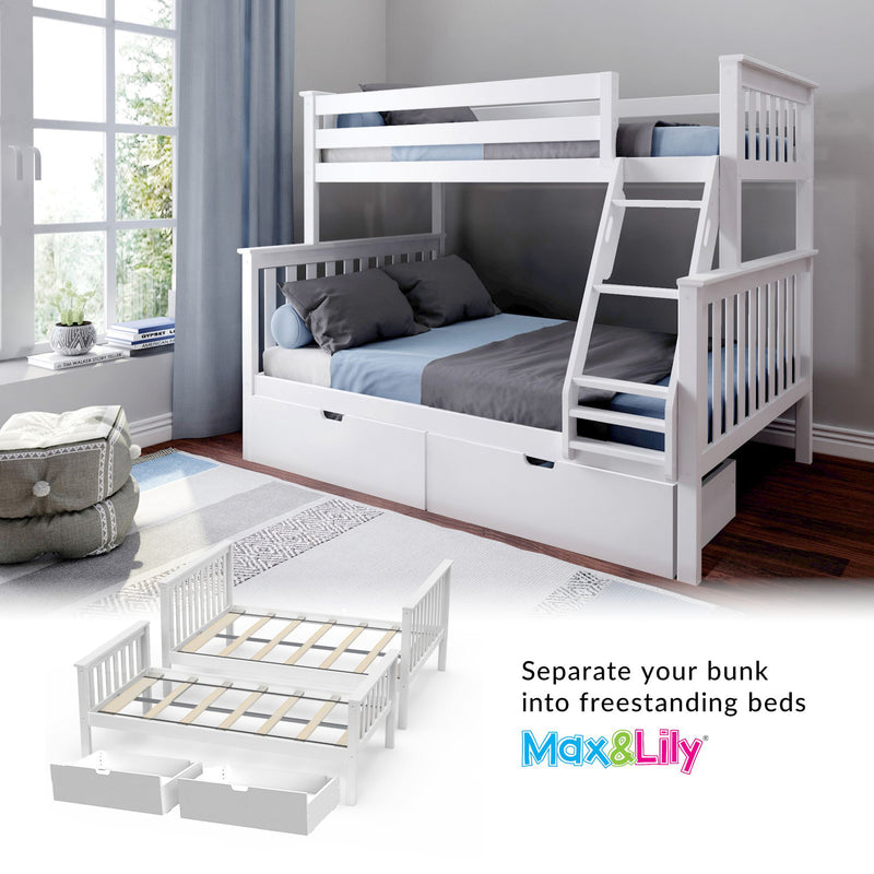 White wooden convertible twin-over-full bunk bed with ladder, pull-out storage drawers and blue-gray bedding in bright kids' bedroom