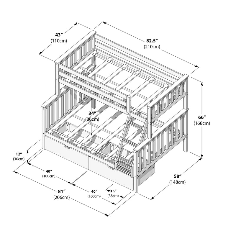 Loft bunk bed assembly diagram with imperial and metric dimensions showing wooden slatted frame, guardrails, ladder and under-bed storage drawers.