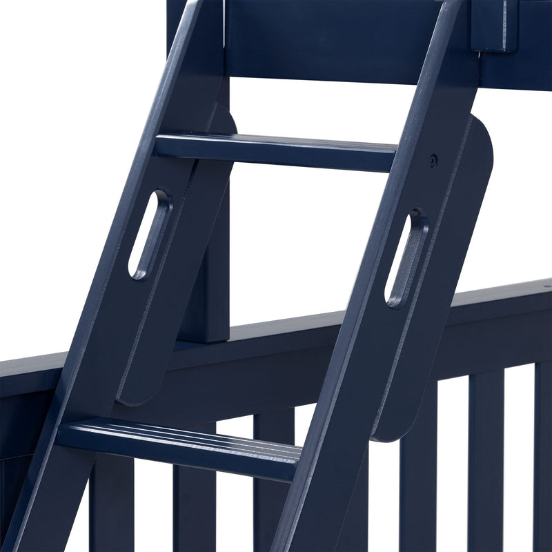 Close-up of navy blue painted wooden ladder showing rungs, side rails and textured finish for outdoor furniture and decor