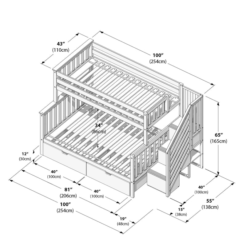 Wooden bunk bed assembly diagram with dimensions — twin-over-full loft bed with integrated stairs and under-bed storage drawers, detailed measurements shown in inches and centimeters