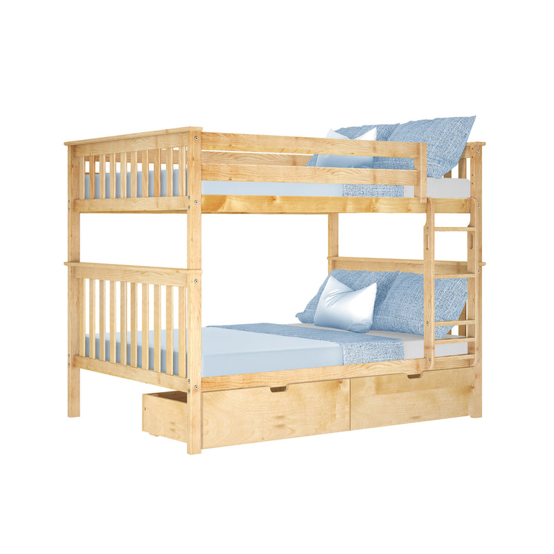 Solid wood twin-over-twin bunk bed with ladder, safety guardrails, built-in under-bed storage drawers and blue bedding for children's bedroom