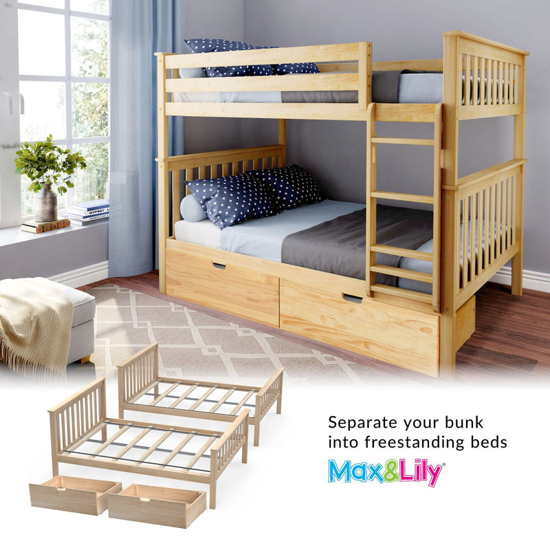Modern solid wood twin-over-twin bunk bed with ladder and pull-out storage drawers, convertible to two freestanding beds in a child’s bedroom, natural finish