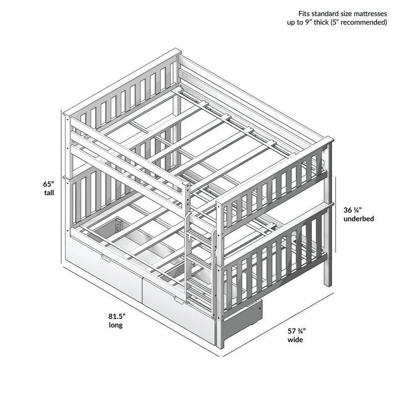 Loft-style bunk bed frame with ladder, trundle drawer and underbed storage — technical assembly diagram with dimensions, fits standard mattresses up to 9 inches thick.