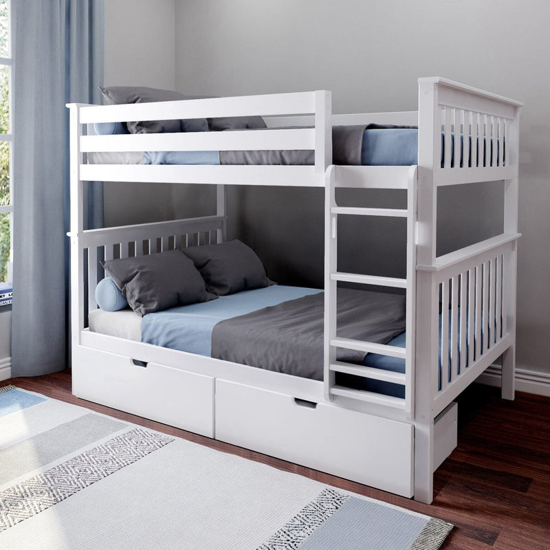 White wooden twin-over-full bunk bed with ladder and under-bed storage drawers, styled with blue and gray bedding in a modern kids' bedroom