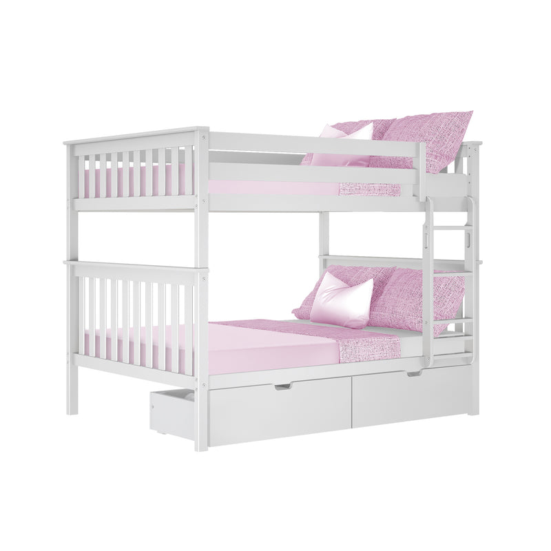 White wooden loft bunk bed with ladder, under-bed storage drawers and pink bedding