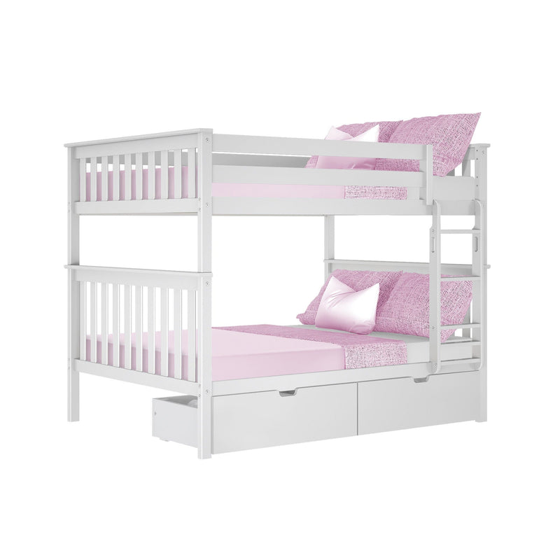 White wooden twin-over-full bunk bed with pink bedding, ladder, safety rails and under-bed storage drawers for kids' bedroom