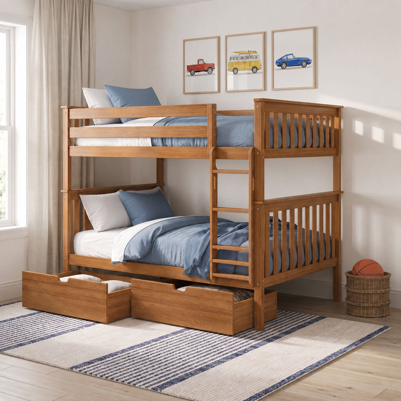 Solid wooden twin-over-twin bunk bed with pull-out storage drawers, blue bedding and vintage car wall art in a kids' bedroom