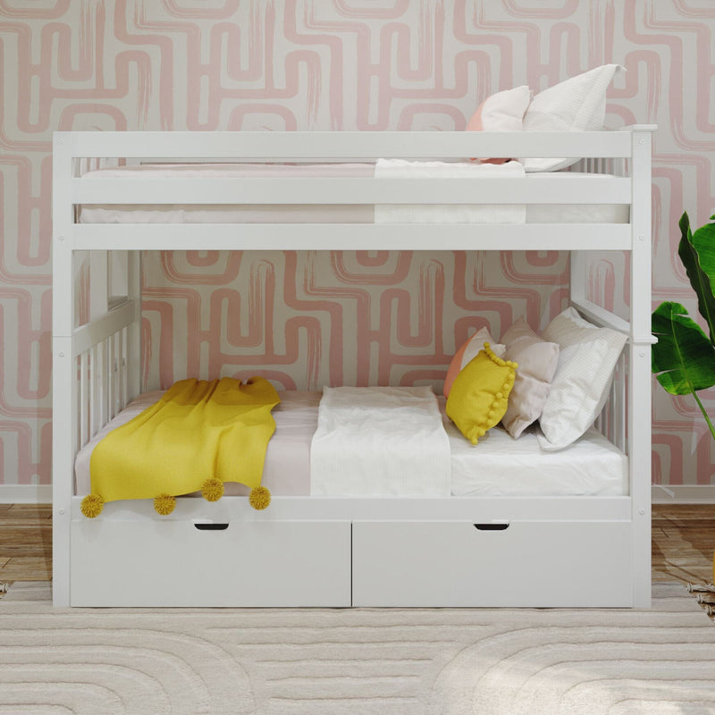 White wooden bunk bed with under-bed storage drawers, pale pink abstract wallpaper, white bedding and bright yellow throw blanket and pillows in a modern kids' bedroom