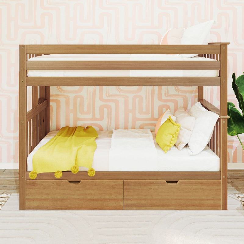 Wooden bunk bed with under-bed storage drawers, white bedding and yellow throw pillow against peach geometric wallpaper in a modern kids' bedroom