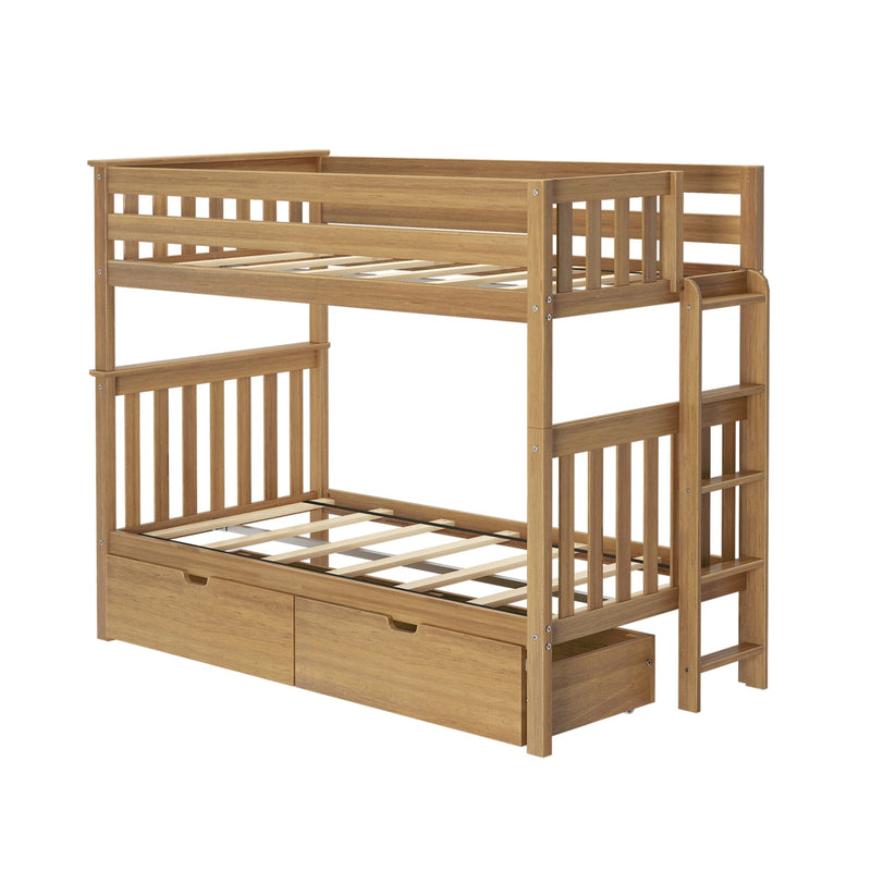 Natural oak wooden bunk bed with built-in ladder, slatted guardrails and under-bed storage drawers for kids' bedrooms