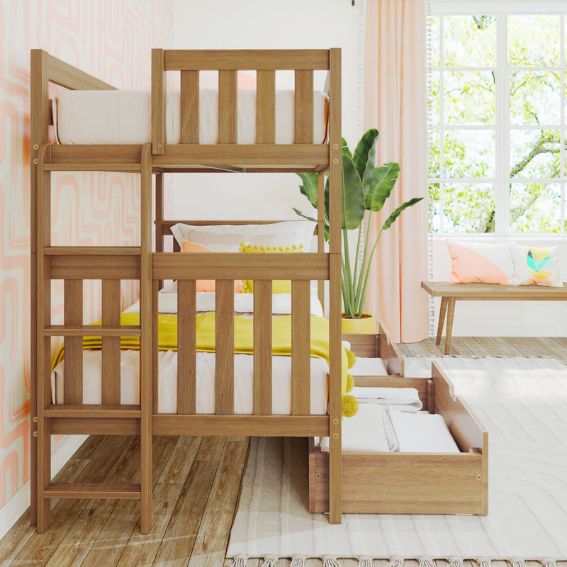 Wooden bunk bed with pull-out storage and yellow bedding in bright pastel kids' bedroom with large window, pink curtains and potted plant