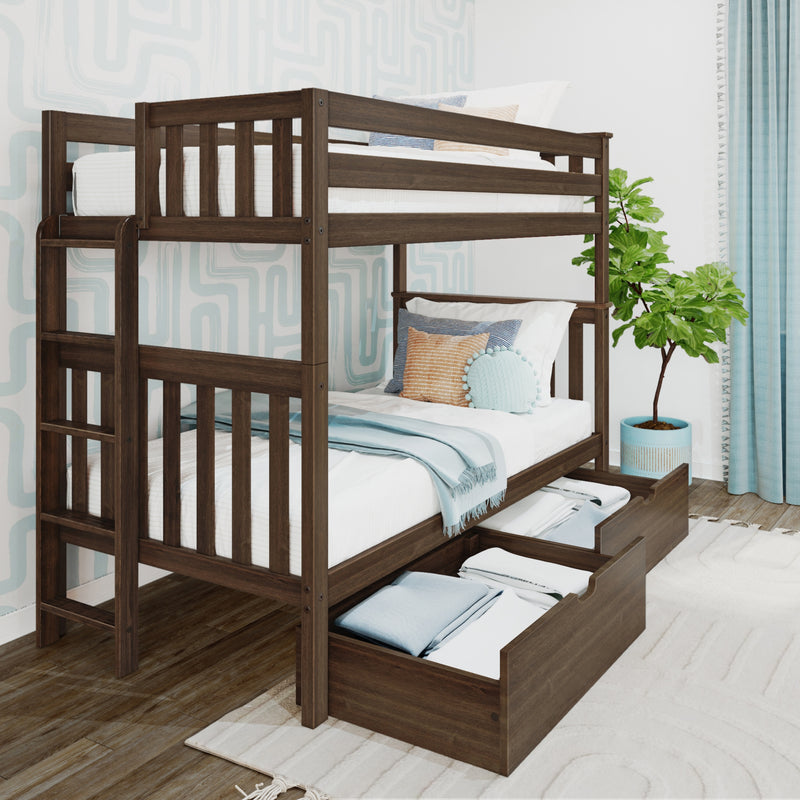 Dark wood twin-over-twin bunk bed with built-in under-bed storage drawers, white bedding, blue throw and decorative pillows in a modern kids' bedroom with ladder and potted plant