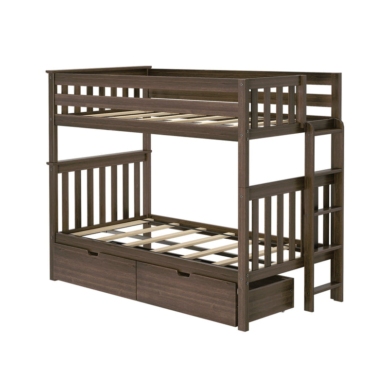 Dark brown wooden twin-over-twin bunk bed with slatted guardrails, built-in ladder, slatted mattress supports and under-bed storage drawers — space-saving kids’ bedroom furniture