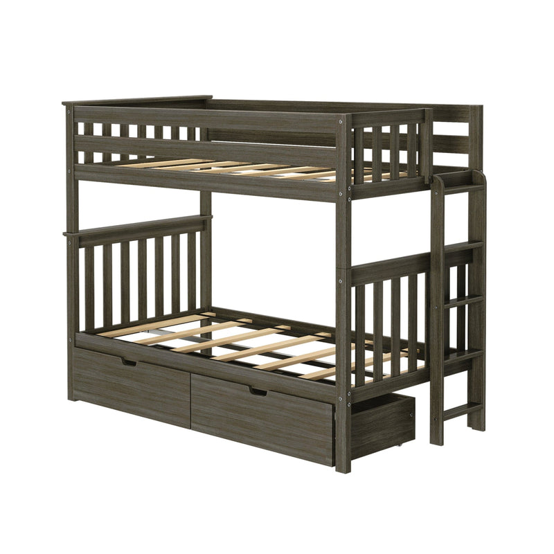Wooden loft-style bunk bed with ladder and built-in under-bed storage drawers, weathered gray finish, slatted guardrails and platform slats — space-saving kids bedroom furniture