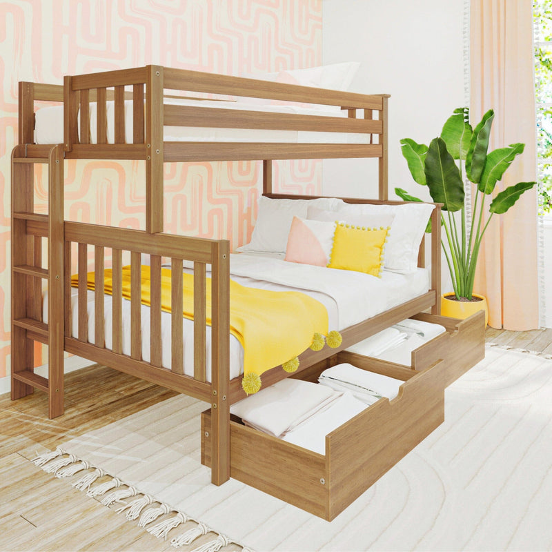 Modern solid wood twin bunk bed with built-in storage drawers, white and yellow bedding, pink abstract wallpaper and potted plant in a bright children's bedroom