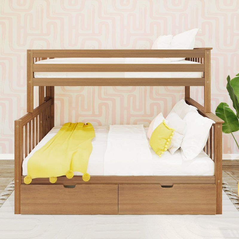 Solid wood bunk bed with under-bed storage drawers, white mattress and yellow throw and pom-pom pillow against pastel pink abstract wallpaper in a modern kids' bedroom nursery