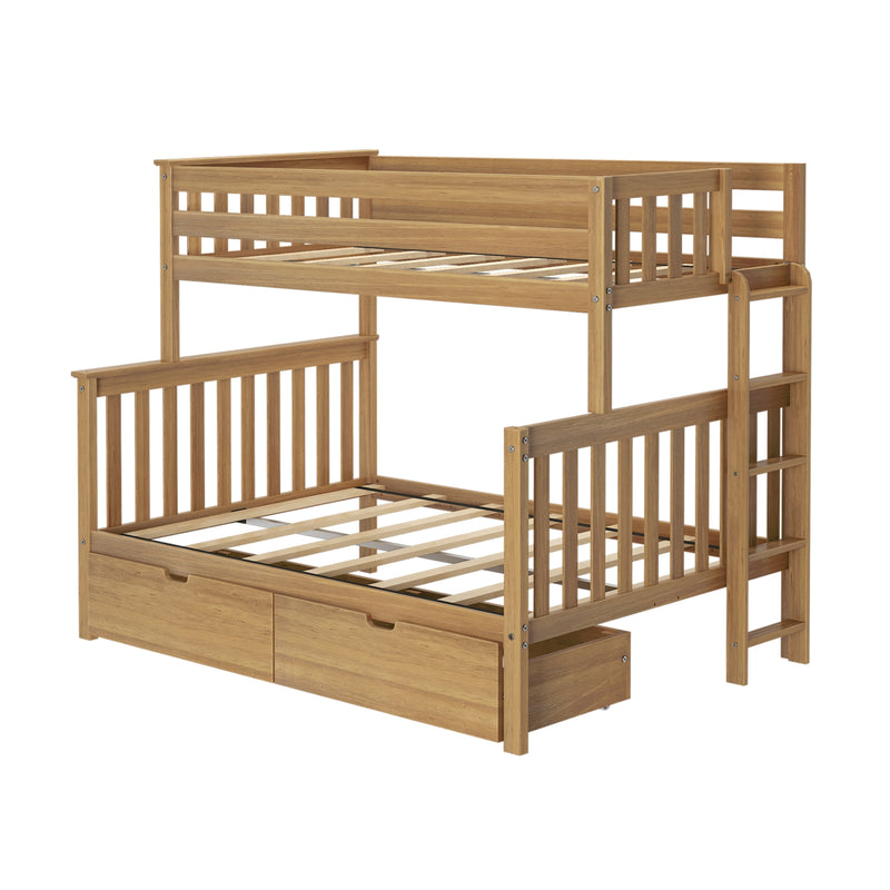 Children's wooden bunk bed frame with ladder and built-in under-bed storage drawers in light natural wood finish, isolated on white background
