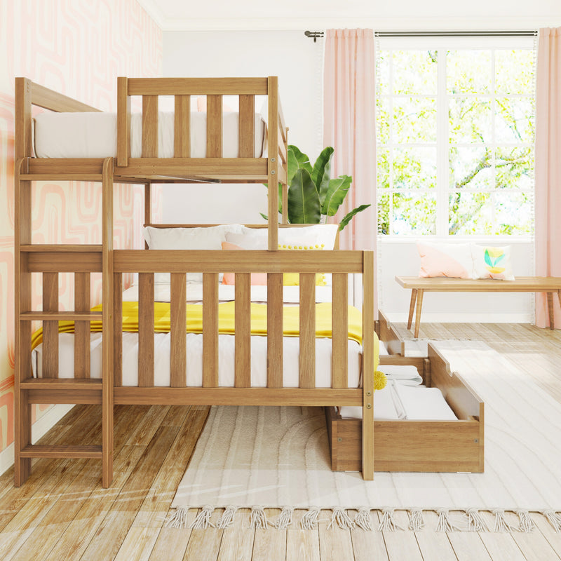 Wooden bunk bed in bright children's bedroom with yellow bedding, pink geometric wallpaper, sunlit window, pink curtains and indoor plant