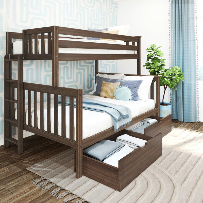 Solid wood twin-over-twin bunk bed with built-in storage drawers, blue bedding and throw pillows, patterned wallpaper and potted plant in modern kids' bedroom