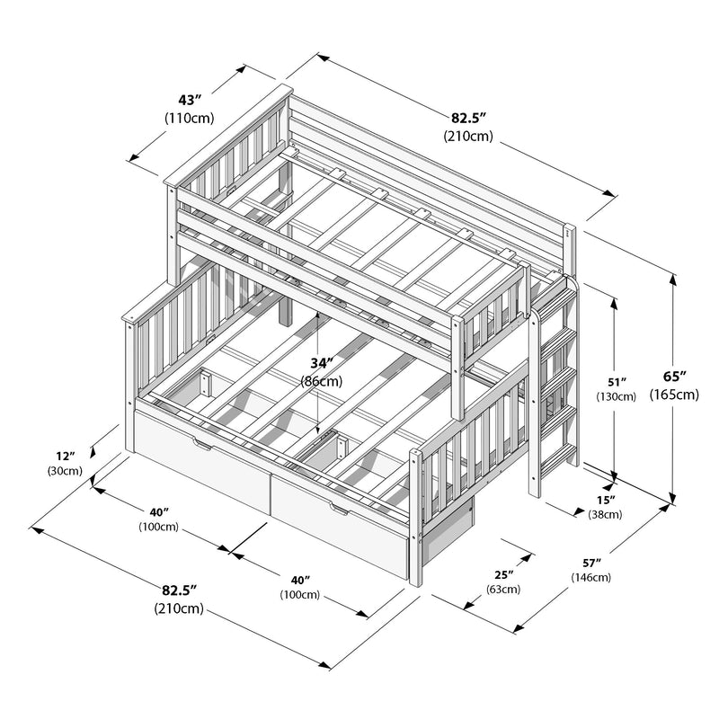 Isometric line drawing of a wooden twin-over-full bunk bed frame with ladder, under-bed drawers, slatted mattress supports and labeled dimensions (inches/cm)