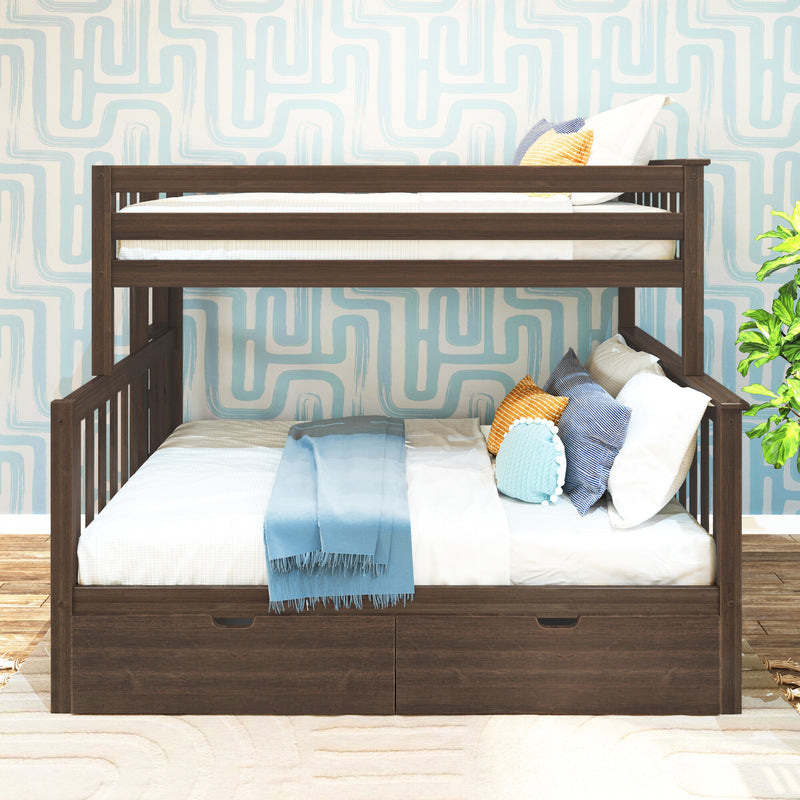 Dark wood twin-over-twin bunk bed with under-bed storage drawers, white and blue bedding, decorative pillows and blue geometric wallpaper in kids' bedroom