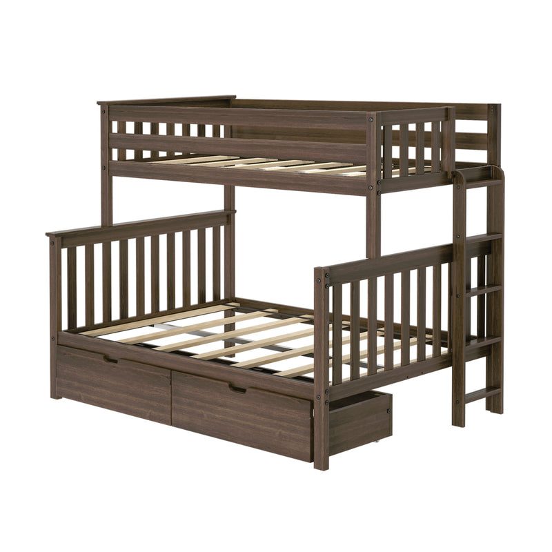 Dark brown wooden bunk bed with ladder, slatted guardrails, wooden slats and built-in under-bed storage drawers