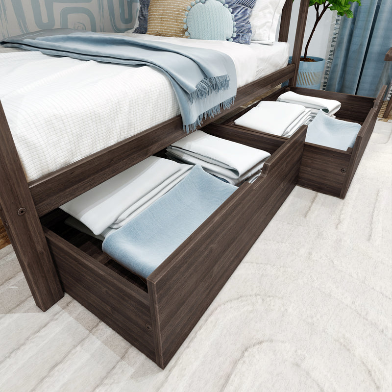 Modern wooden platform bed with built-in underbed storage drawers holding neatly folded white sheets and light-blue throws, decorative pillows on mattress — space-saving bedroom storage solution