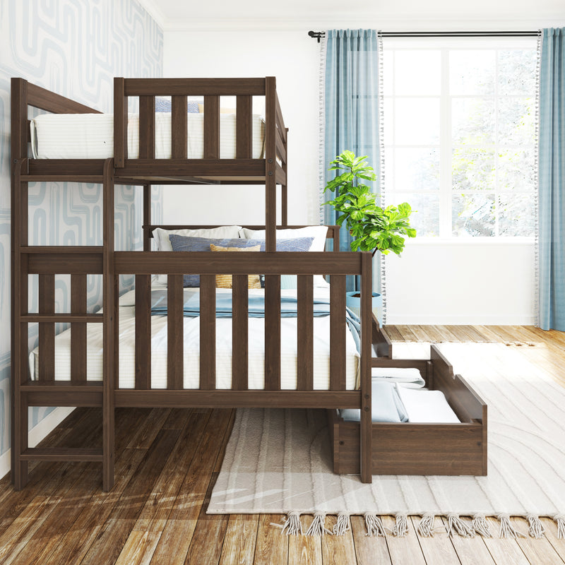 Dark walnut wooden bunk bed for kids with under-bed storage drawers in a bright modern bedroom featuring blue curtains, large window and potted plant