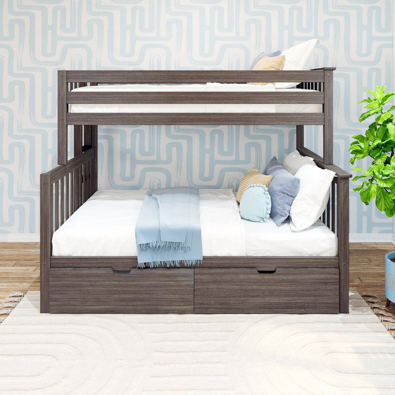 Gray wood twin-over-full bunk bed with built-in storage drawers, light blue geometric wallpaper and white-and-blue bedding in a modern kids' bedroom