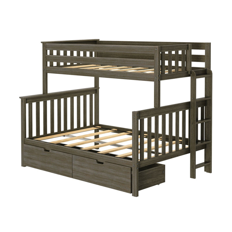 Twin-over-full gray wood bunk bed with ladder, slatted guardrails, wooden slat mattress supports and two built-in storage drawers