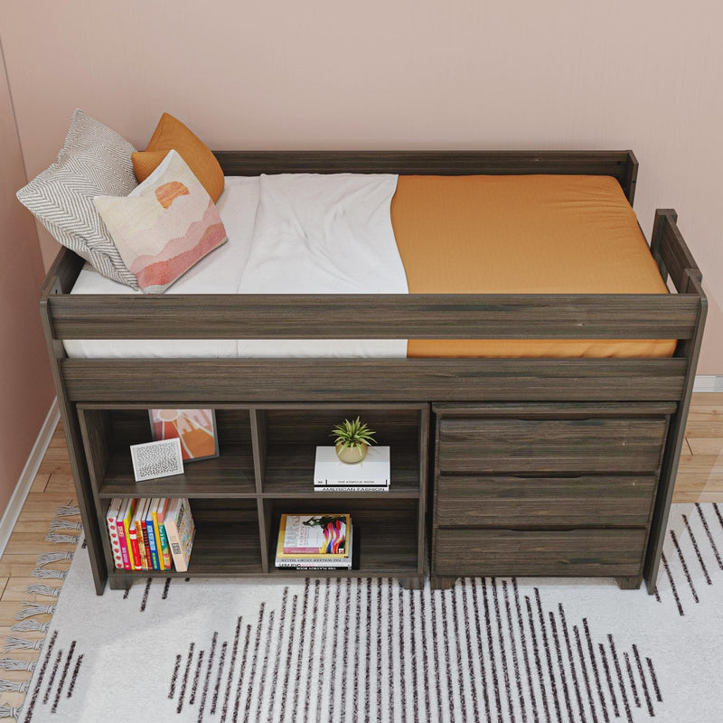 Dark wood loft bed with orange bedding, decorative throw pillows and built-in shelving with books and plant against a pink wall
