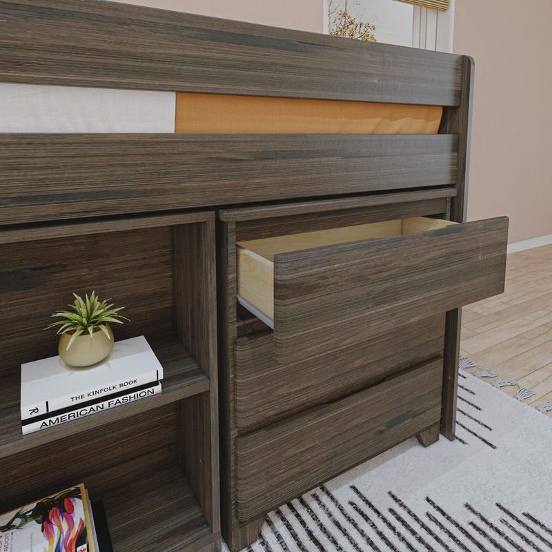 Modern dark-walnut wood dresser with open drawer, bedroom storage, decorative plant and stacked books