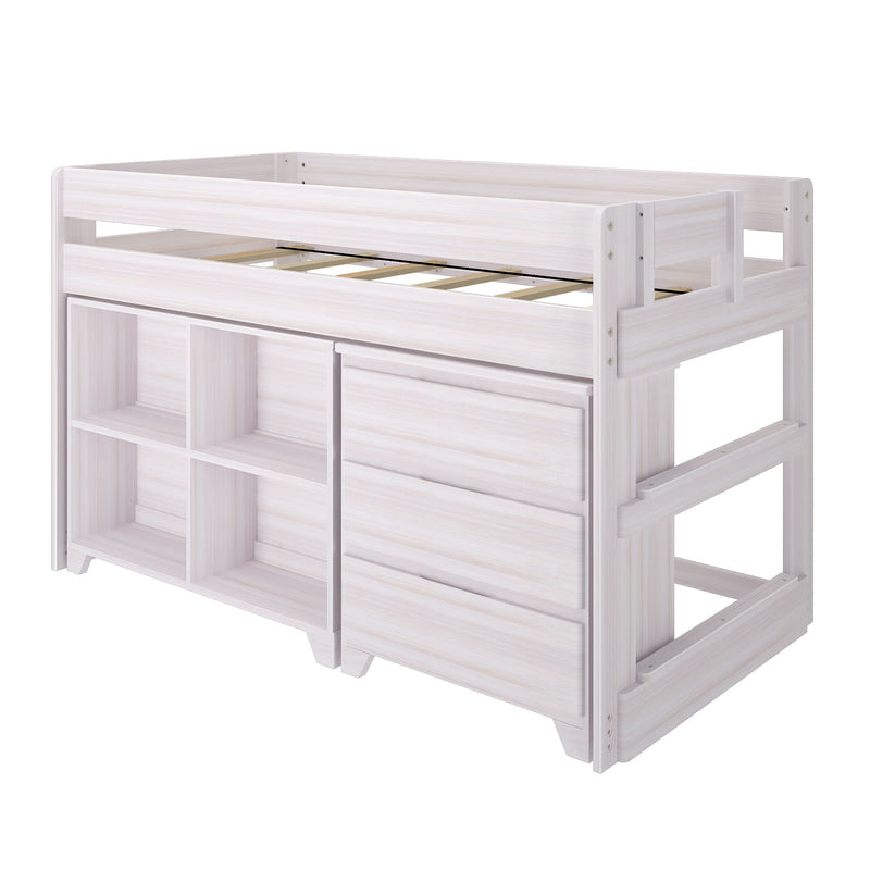 White wooden loft bed with built-in shelves and drawers, safety guardrail and slatted mattress support — space-saving kids' bedroom storage
