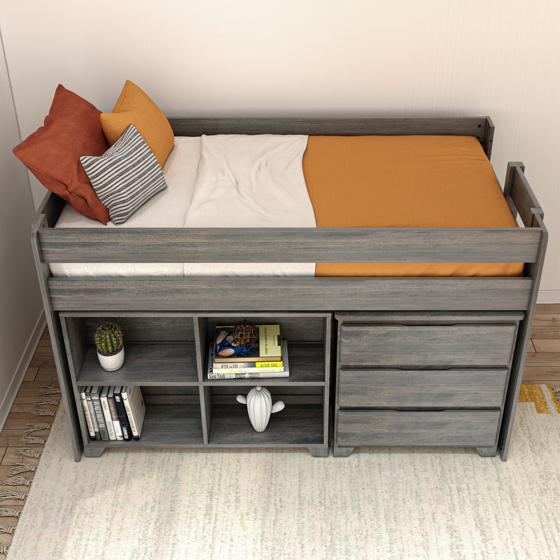 Twin loft bed with built-in storage shelves and drawers in gray wood, orange bedding and accent pillows — space-saving kids bedroom furniture