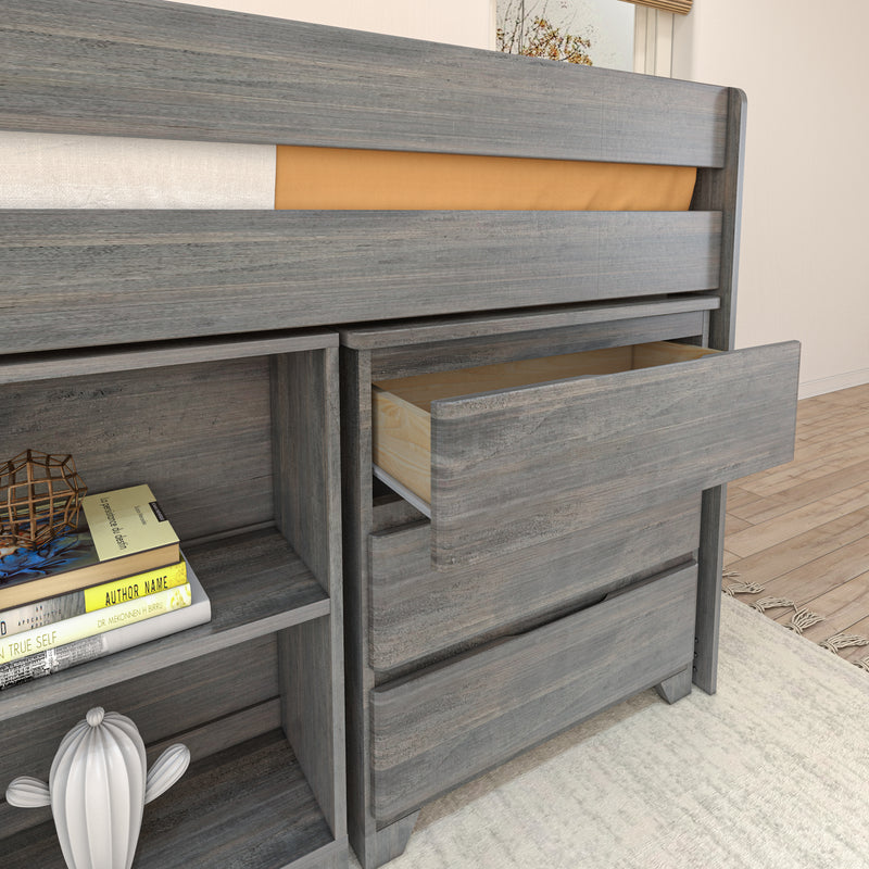 Gray wood storage bed frame with built-in drawers and open shelving showing books and decorative items on a hardwood floor, modern bedroom furniture