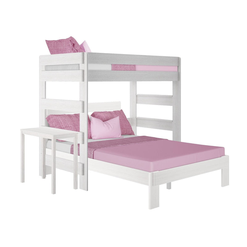 White wooden twin-over-twin bunk bed with pink bedding and pillows, modern kids' bedroom furniture