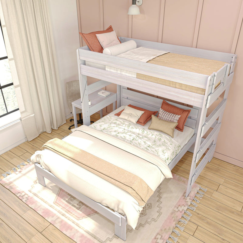White wooden twin-over-full bunk bed with loft desk, cream bedding and peach accent pillows in a bright neutral bedroom with curtains and wood floor