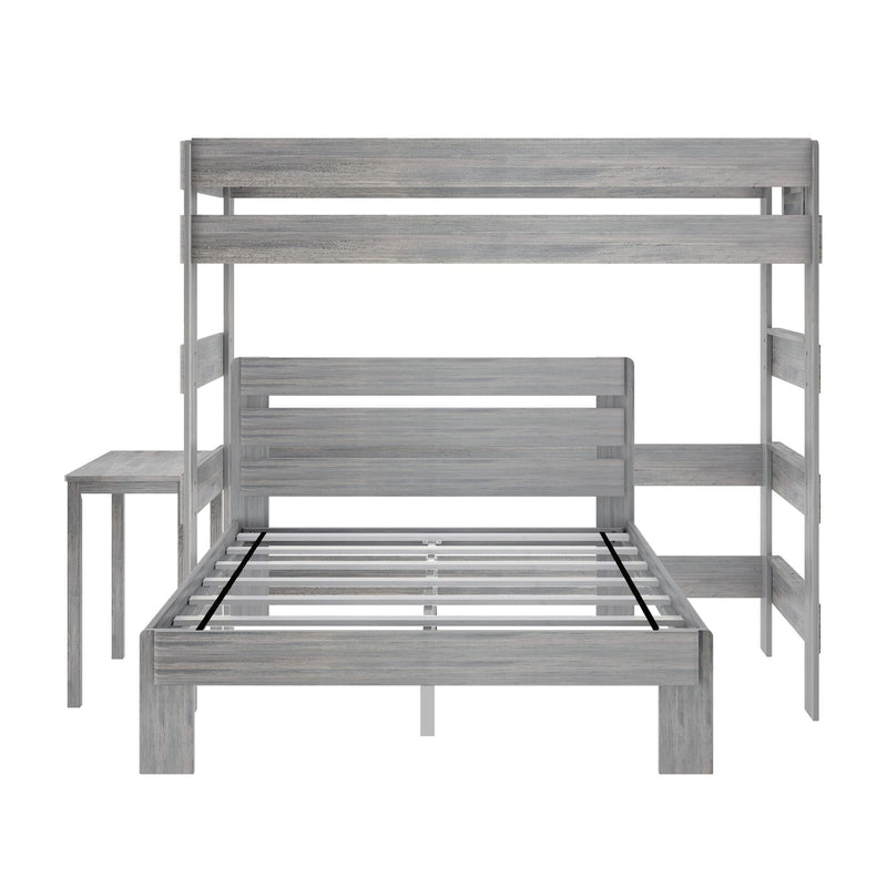 Weathered gray wooden bunk bed frame with slatted headboards, guardrails, integrated ladder and slatted mattress support for a twin-over-twin or twin-over-full setup