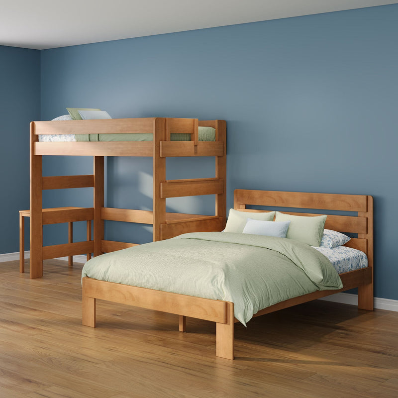 Solid wood bunk beds in a modern kids' bedroom with blue walls, light green bedding and hardwood floors
