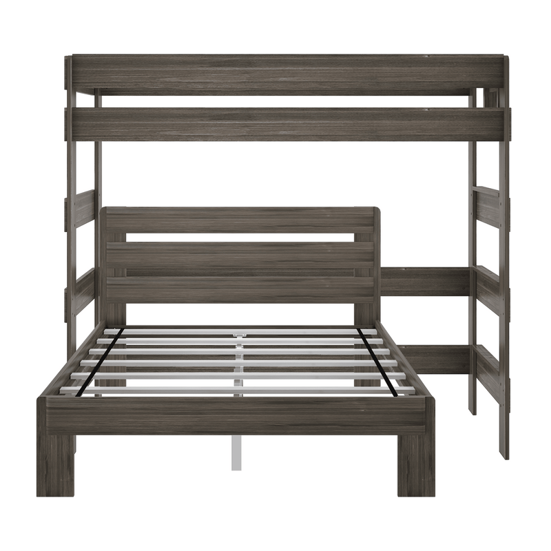 Twin-over-full gray wood bunk bed frame with slatted mattress support and modern rustic finish, space-saving bedroom furniture