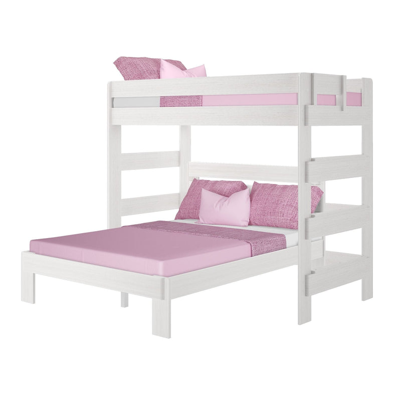 White wooden twin-over-full bunk bed with pink sheets, pillows and textured throw, modern space-saving kids' bedroom furniture